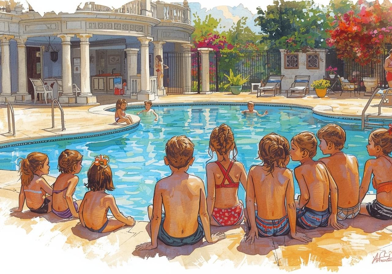 kids by a fancy pool