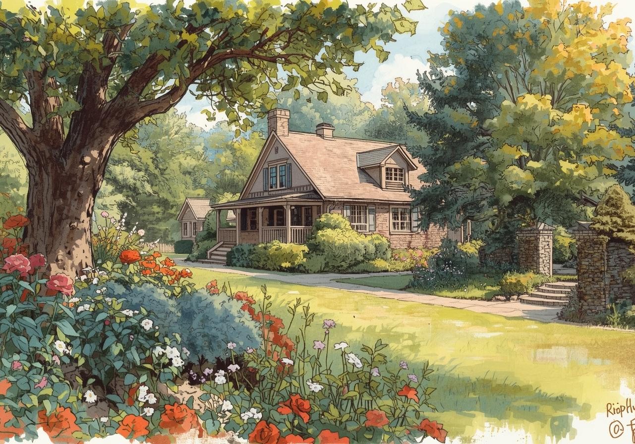 lush garden with home in background